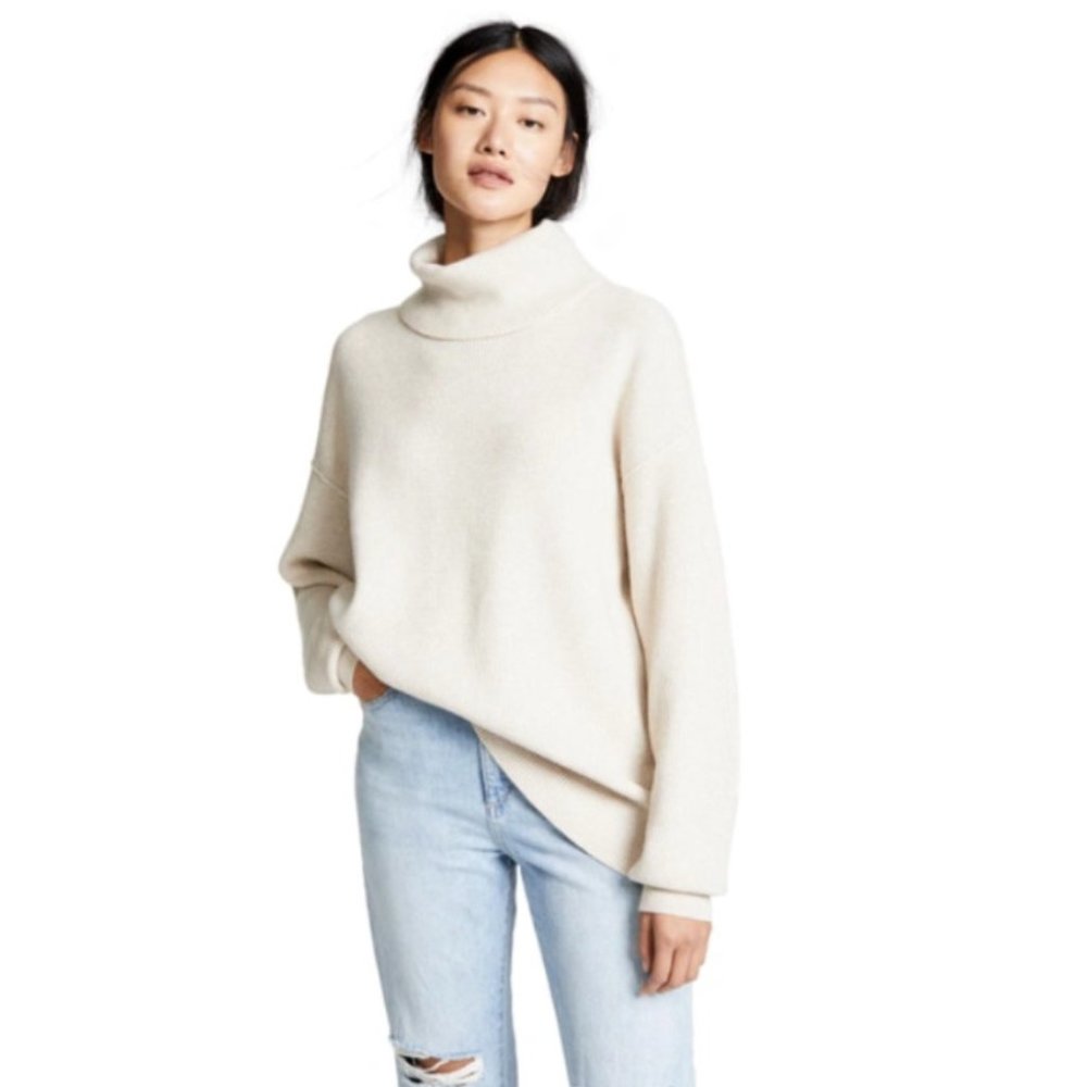 Free People Oatmeal Softly Structured Folded Neck Knit Tunic Sweater